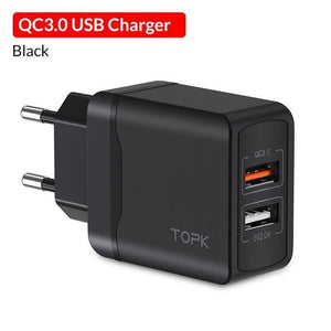 Planet Gates 3.1A EU Black TOPK Quick Charge 3.0 18W USB Charger for iPhone Xs X 8 7 Fast Phone Charger for Samsung Xiaomi Huawei Wall Charger EU Adapter