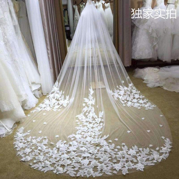Planet Gates 3*3 Meter White/Ivory Cathedral Wedding Veils Long Appliqued Flower Bridal Veil with Comb Wedding Accessories Mantilla E25