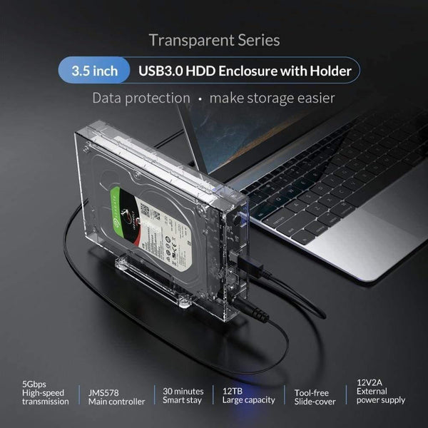 Planet Gates 3.5 inch SATA to USB 3.0 HDD Case with Holder Support 12TB Max Transparent Hard Drive Enclosure