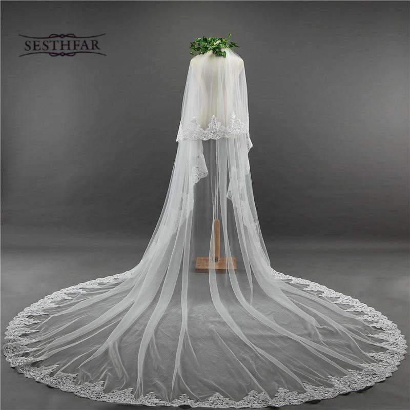 Planet Gates 3.5 Meter White Ivory Cathedral Wedding Veils Long Edge Bridal Veil with Comb Wedding Accessories Bride Mantilla Wedding Veil