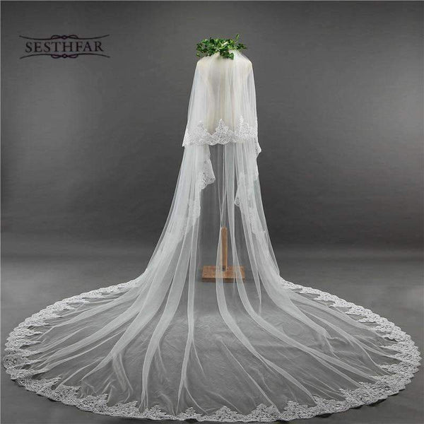 Planet Gates 3.5 Meter White Ivory Cathedral Wedding Veils Long Edge Bridal Veil with Comb Wedding Accessories Bride Mantilla Wedding Veil