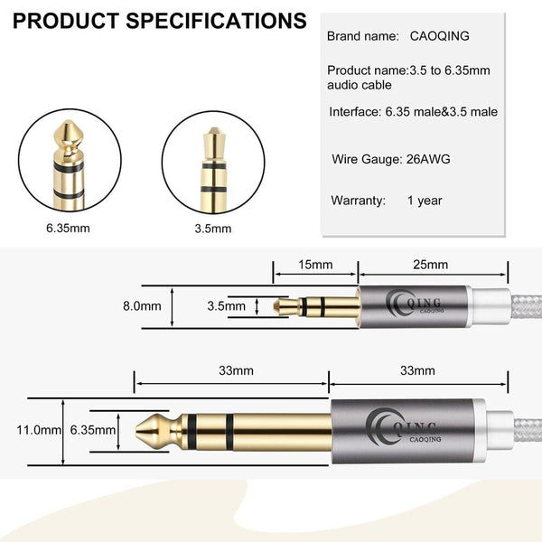 Planet Gates 3.5mm to 6.35mm Jack Adapter Gold Plated Aux Cable 1m 2m 3m for Amplifier CD Player Speaker 3.5 to 6.5 Male to Male Audio Cable