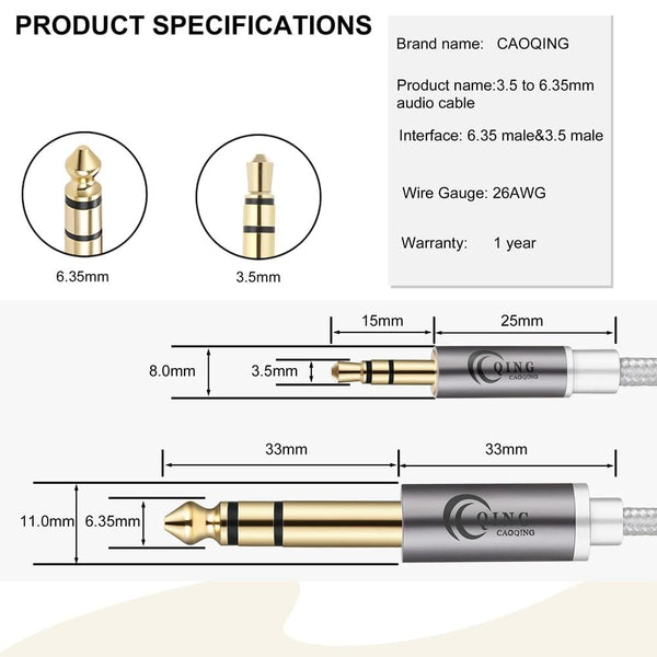 Planet Gates 3.5mm to 6.35mm Jack Adapter Gold Plated Aux Cable 1m 2m 3m for Amplifier CD Player Speaker 3.5 to 6.5 Male to Male Audio Cable