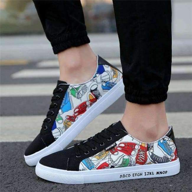 Planet Gates 2018 New Men's Vulcanize Shoes Comfortable Lace-up Flat Shoes Top Quality Print Fashion Canvas Shoes Men Loafers