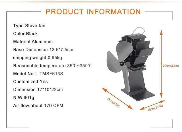 3-Blade Black Thermal Power Furnace Fan Evenly Distributed Heat Wood / Log Burner / Fireplace Harmless Fireplace Fan