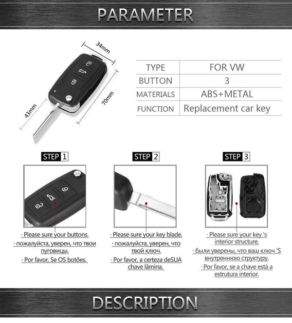 Planet Gates 3 Button For VW VOLKSWAGEN Tiguan Golf Sagitar Polo MK6 Flip Fob Remote Folding Key Shell Uncut Blade