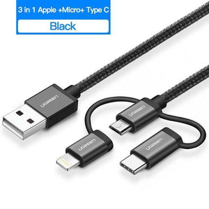 Planet Gates 3 in 1 Black / 50 cm Ugreen USB C Cable For iPhone Xs Max 8 7 Charging Charger 3 in 1 USB Type C Cable For Samsung S9 + Micro USB Mobile Phone Cables