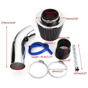 Planet Gates 3 Inch Universal Car Cold Air Intake Filter Aluminum Induction Kit Pipe Hose System Silver