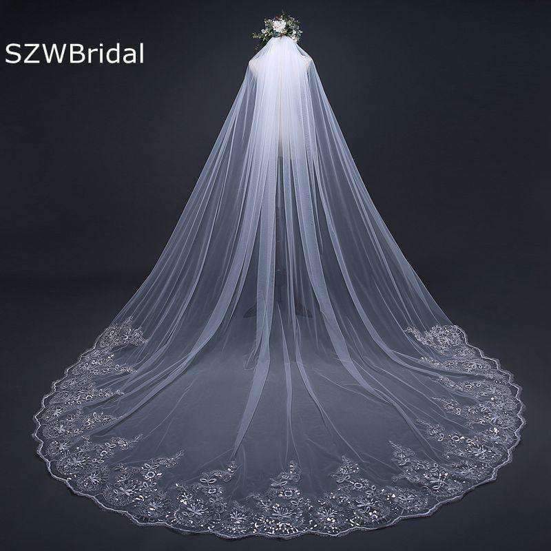 Planet Gates 3 Meter White Ivory Cathedral Wedding Veils Long Lace Edge Bridal Veil with Comb Wedding Accessories Bride Veu Wedding Veil