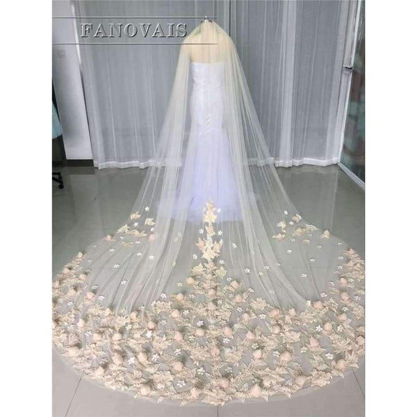 Planet Gates 3 Meters Ivory/White Bridal Veils Lace Edge Flowers Tulle Cathedral Wedding Veils Long Veu de Noiva 2017 Wedding Accessories BV6