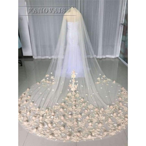 Planet Gates 3 Meters Ivory/White Bridal Veils Lace Edge Flowers Tulle Cathedral Wedding Veils Long Veu de Noiva 2017 Wedding Accessories BV6