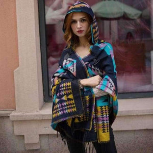 Planet Gates 3 / One Size Women Winter Bohemian Hooded Coat Cape Wrap Poncho Shawl Scarf cotton and acrylic Tribal Fringe New Hoodie Dropshipping