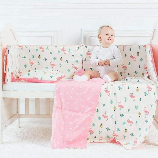 Planet Gates 3 Pcs Set Baby Bedding Set Flamingo Pattern Crib Kit Including Cot Bumper Flat Sheet Pillowcase Duvet Cover Baby Bed Hanging Bag For Girls