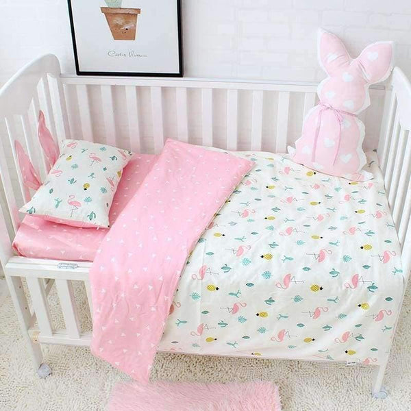 Planet Gates 3 Pcs Set Baby Bedding Set Flamingo Pattern Crib Kit Including Cot Bumper Flat Sheet Pillowcase Duvet Cover Baby Bed Hanging Bag For Girls
