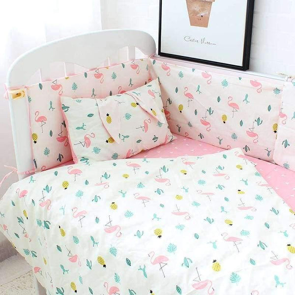 Planet Gates 3 Pcs Set Baby Bedding Set Flamingo Pattern Crib Kit Including Cot Bumper Flat Sheet Pillowcase Duvet Cover Baby Bed Hanging Bag For Girls