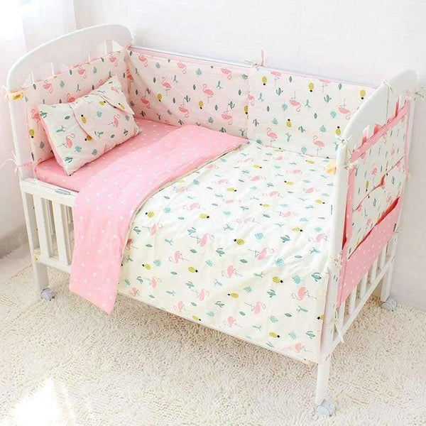Planet Gates 3 Pcs Set Baby Bedding Set Flamingo Pattern Crib Kit Including Cot Bumper Flat Sheet Pillowcase Duvet Cover Baby Bed Hanging Bag For Girls