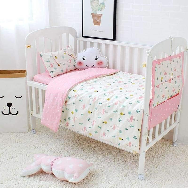 Planet Gates 3 Pcs Set Baby Bedding Set Flamingo Pattern Crib Kit Including Cot Bumper Flat Sheet Pillowcase Duvet Cover Baby Bed Hanging Bag For Girls