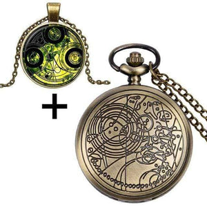 Planet Gates 3 Quartz Pocket Watch with Dr. Who Symbols Glass Dome Pendant Necklace Chain Box DAD Top Gifts Set