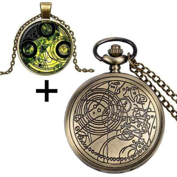 Planet Gates 3 Quartz Pocket Watch with Dr. Who Symbols Glass Dome Pendant Necklace Chain Box DAD Top Gifts Set