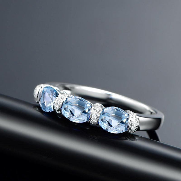 Planet Gates 3 Stones Ring 925 Silver 1.5 Carat Oval Cut Sky Blue Natural Topaz Band Women Engagement Wedding
