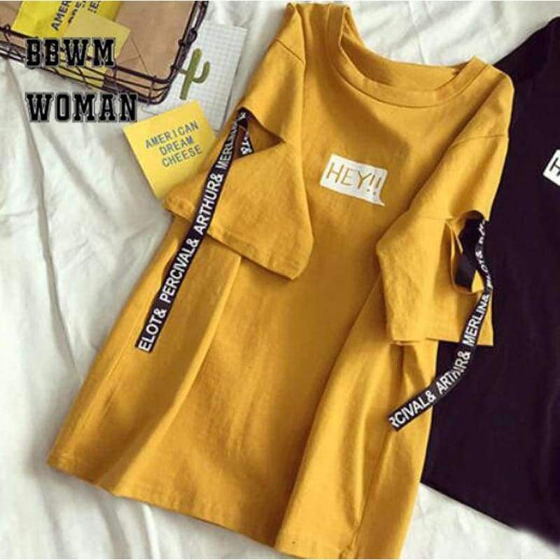 Planet Gates 3 / XL Korean Harajuku Style Hey Alphabet Women T Shirt Personality Hole Ribbon Half Sleeve Student Tops Fashion Tees ZO9