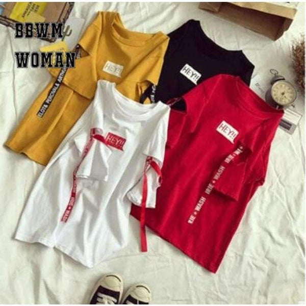 Planet Gates 3 / XL Korean Harajuku Style Hey Alphabet Women T Shirt Personality Hole Ribbon Half Sleeve Student Tops Fashion Tees ZO9