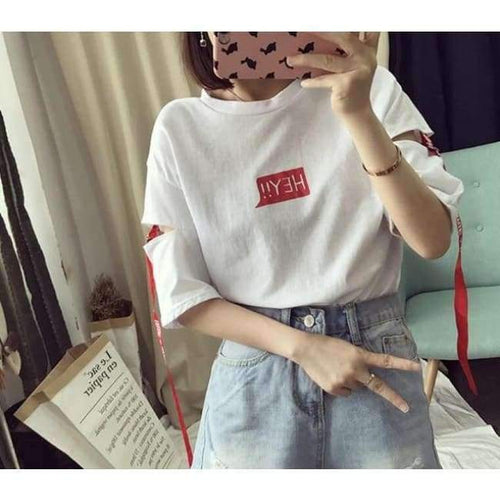 Planet Gates 3 / XL Korean Harajuku Style Hey Alphabet Women T Shirt Personality Hole Ribbon Half Sleeve Student Tops Fashion Tees ZO9