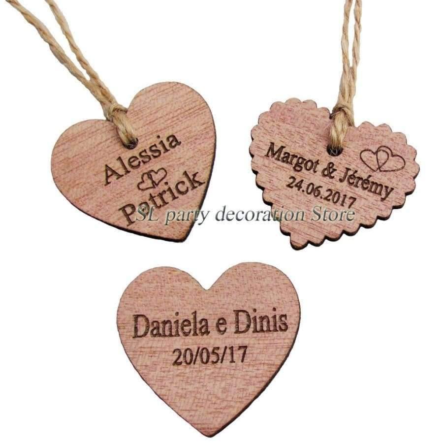 Planet Gates 30/50/100pcs Personalized Engraved Wedding Name and Date Wooden Heart Tag Gift Favor Tag Bridal Shower Tag invitation tags