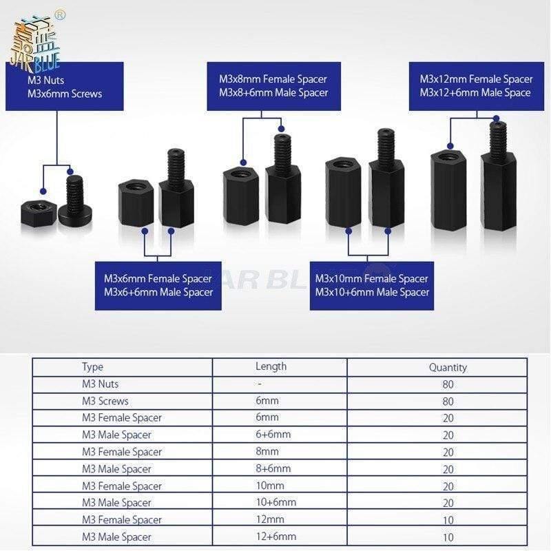 300pcs M3NH1 M3 Nylon Screw White/Black Hex Nylon Standoff Spacer Column Flat Head Nylon Plastic Spacing Screws Nuts