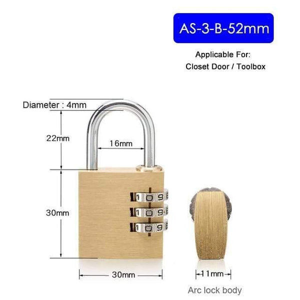 Planet Gates 3010 AS-3-B-52 Solid Brass Copper Security Padlock Password Combination Code Lock For Gym Digital Locker Suitcase Drawer Lock Hardware