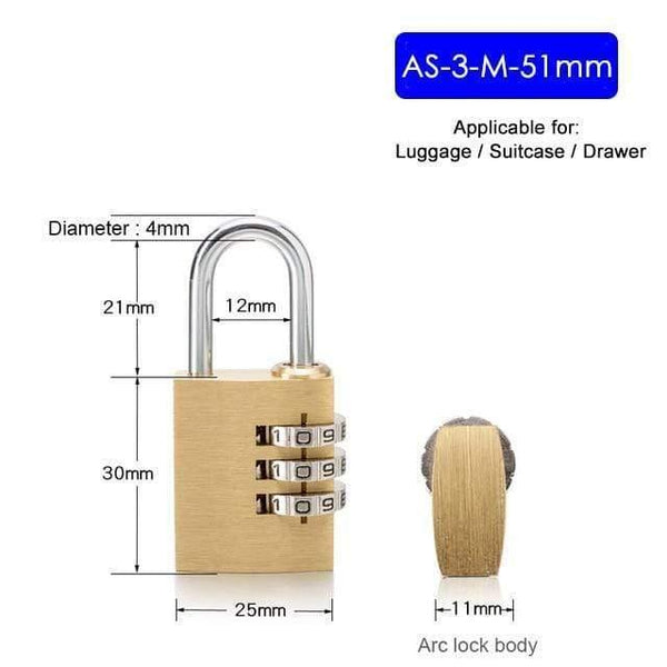 Planet Gates 3010 AS-3-M-51 Solid Brass Copper Security Padlock Password Combination Code Lock For Gym Digital Locker Suitcase Drawer Lock Hardware
