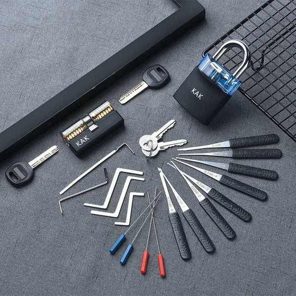 Planet Gates 301003 KAK-LT-29-Blue Practice Padlock With Keys Transparent Visible Lock Pick Broken Key Removing Hook Kit Extractor Set Locksmith Wrench Tool