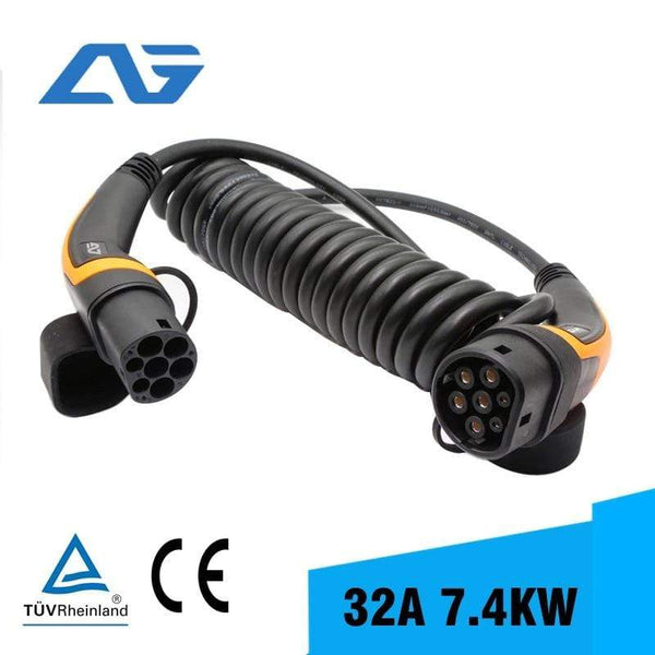 Planet Gates 32A EV Charger Cable 7KW Type 2 to Type 2 IEC 62196 EV Charging Plug With 5 Meter Spiral cable TUV/UL Mennekes 2 Connector
