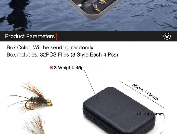 Planet Gates 32Pcs/Box Trout Nymph Fly Fishing Lure Dry/Wet Flies Nymphs Ice Fishing Lures Artificial Bait with Boxed