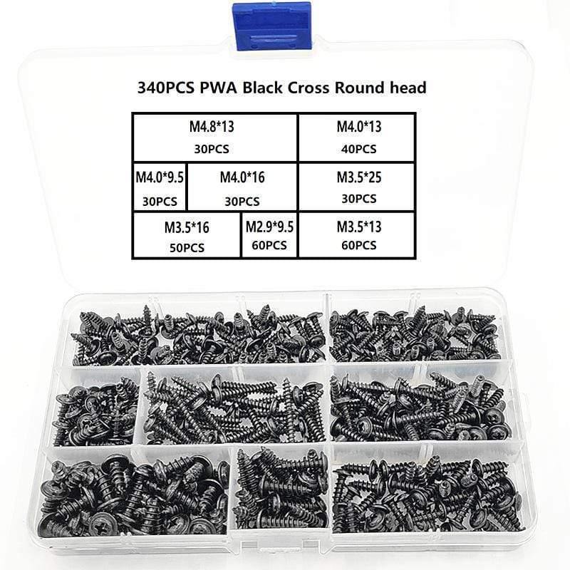 340pcs/box M2-M4 Pan Head Tapping Screw Cross Head PWA  Self Tapping Screw Set Assortment Kit Black Furniture Carbon Steel