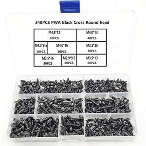 340pcs/box M2-M4 Pan Head Tapping Screw Cross Head PWA  Self Tapping Screw Set Assortment Kit Black Furniture Carbon Steel