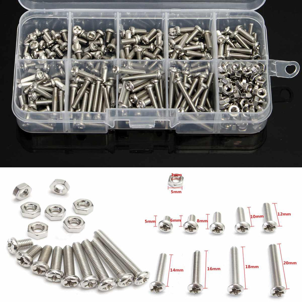 340pcs/Box M3 304 Stainless Steel Cross-headSet Screw Bolts Nut Cap Head Screw Set Fastener Assortment Kit Repair Tools Set