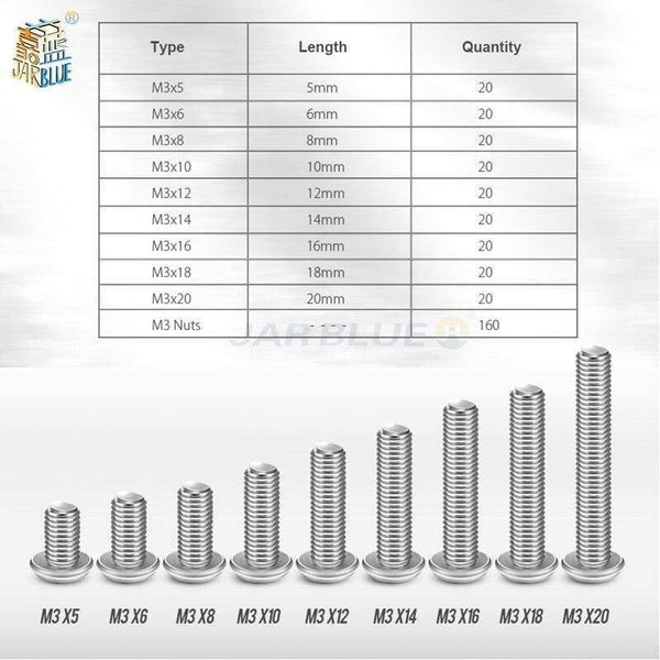 340pcs M3*5-20mm Stainless Hex Socket Button Head Screws Allen bolt Nut Assortment Kit