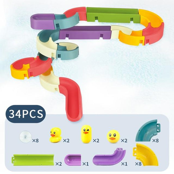 Planet Gates 34PCS Baby Bath Toys DIY Marble Race Run Assembling Track Bathroom Bathtub Kids Play Water Spray Toy Set Stacking Cups For Children