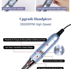 Planet Gates 35000RPM Nail Art Drill Gel Electric Nail Drill 35W Nail Polisher with Set Nail Drill Bits Manicure Machie Nail Salon Tools