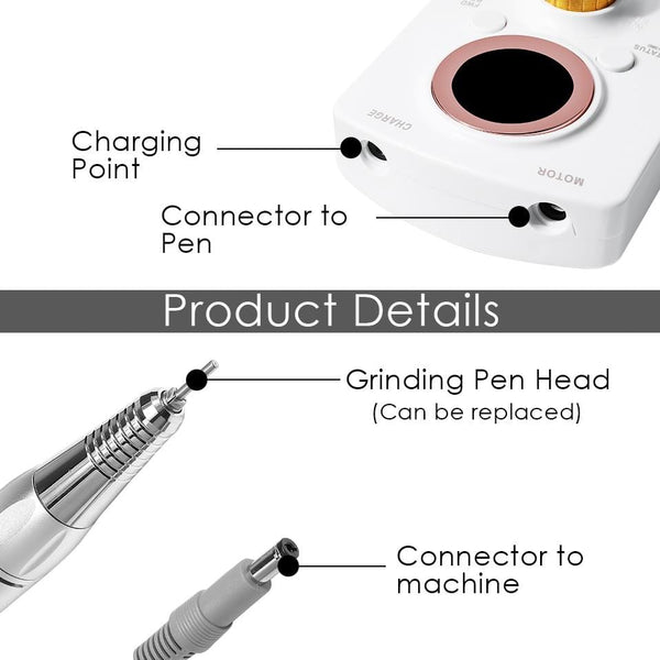 Planet Gates 35000RPM Portable Rechargeable Electric Nail Drill Machine File Pedicure Equipment Manicure Kit Nail Gel Art Polishing Tools
