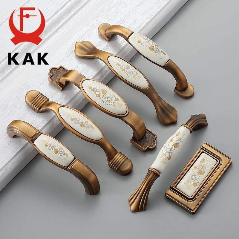 Planet Gates 371104 Vintage Ceramic Cabinet Knobs And Handles European Style Yellow Bronze Kitchen Handle Furniture Door Handle Pulls Hardware