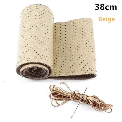 Planet Gates 38 beige Genuine Leather Car Steering Wheel Cover Soft Anti slip 100% Cowhide Braid With Needles Thread 36 38 40 cm Size