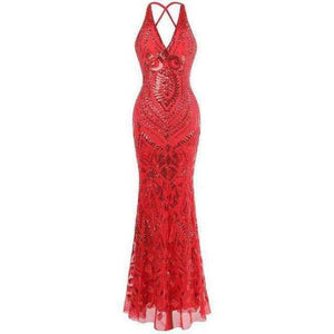 Planet Gates 381 Red V neck / 12 Angel-fashions Vintage Gatsby Party Sequin Mermaid Long Evening Dress Abendkleid 381