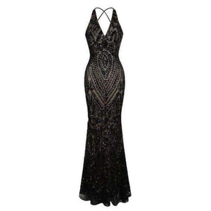 Planet Gates 381 V Neck Black / 12 Angel-fashions Vintage Gatsby Party Sequin Mermaid Long Evening Dress Abendkleid 381
