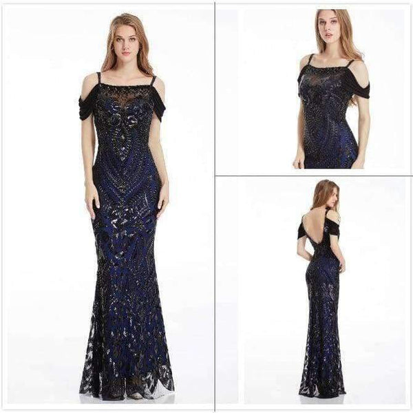 Planet Gates 381 V Neck Black / 12 Angel-fashions Vintage Gatsby Party Sequin Mermaid Long Evening Dress Abendkleid 381