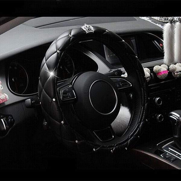 Planet Gates 38cm Luxury Crystal Crown Studded Rhinestone PU Leather Car Steering Wheel Cover Diamond Steering Cover Interior Car Accessories