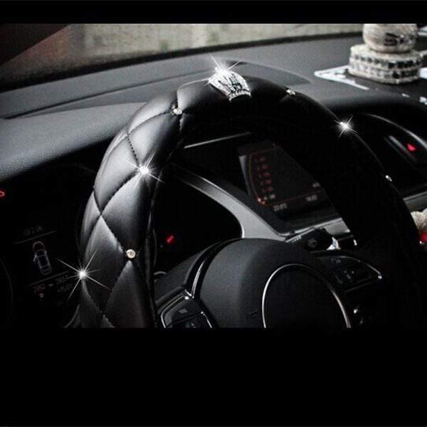 Planet Gates 38cm Luxury Crystal Crown Studded Rhinestone PU Leather Car Steering Wheel Cover Diamond Steering Cover Interior Car Accessories