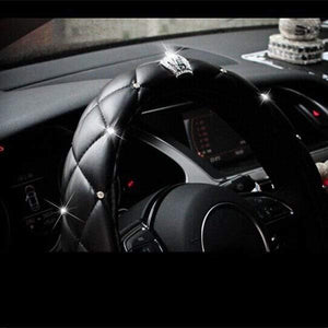 Planet Gates 38cm Luxury Crystal Crown Studded Rhinestone PU Leather Car Steering Wheel Cover Diamond Steering Cover Interior Car Accessories