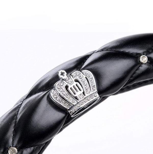 Planet Gates 38cm Luxury Crystal Crown Studded Rhinestone PU Leather Car Steering Wheel Cover Diamond Steering Cover Interior Car Accessories